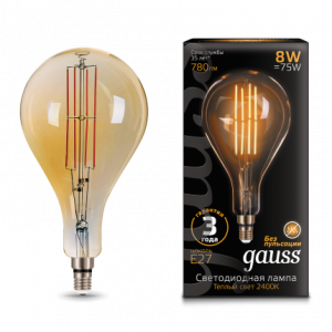 Лампа Gauss Filament А160 8W 780lm 2400К Е27 golden straight LED 1/6